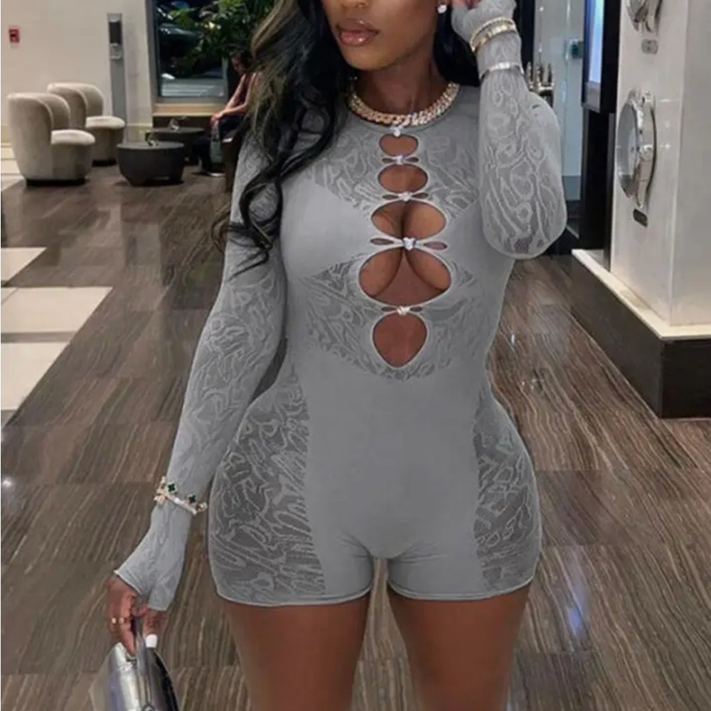 Gray Long Sleeve Cutout Romper